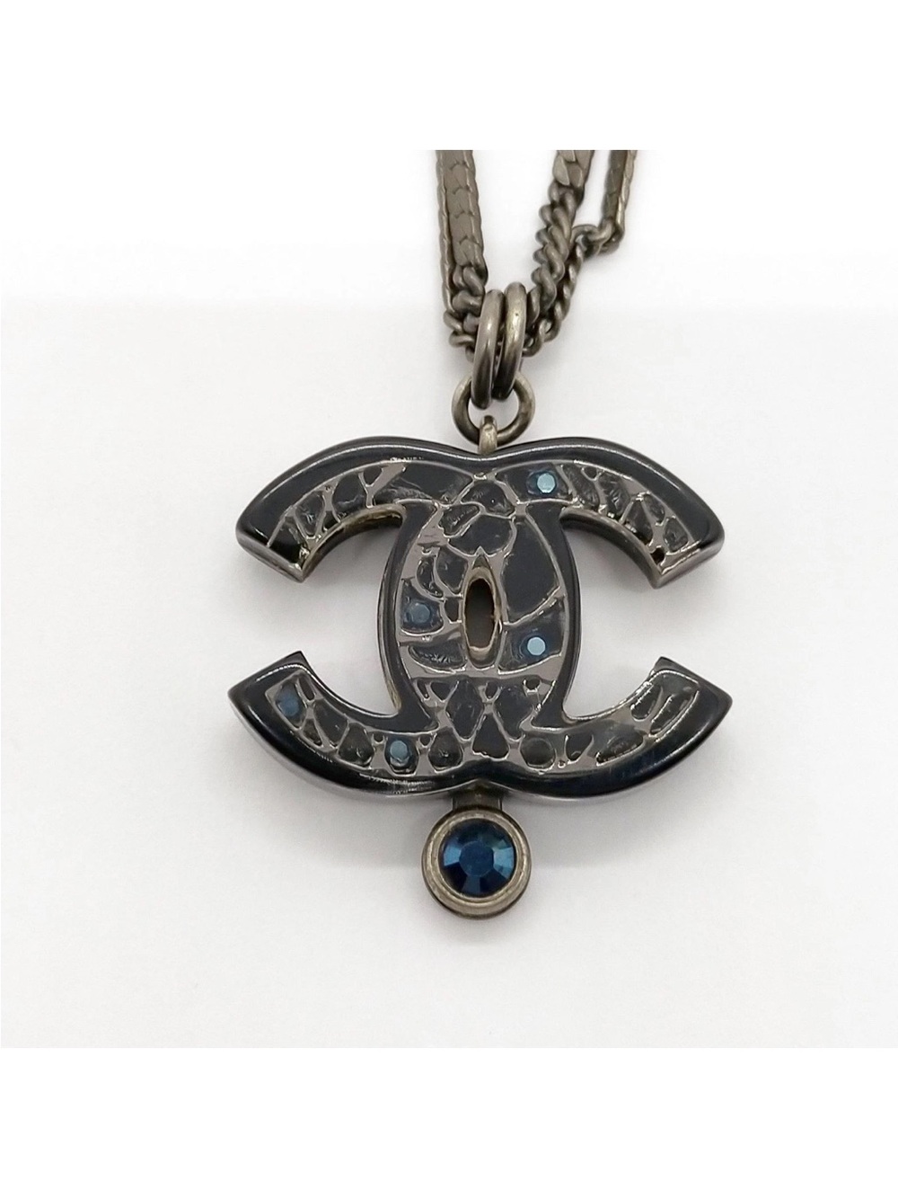 Chanel CC Pendant Necklace Gunmetal Blue Crystal Pearl Chain Necklace